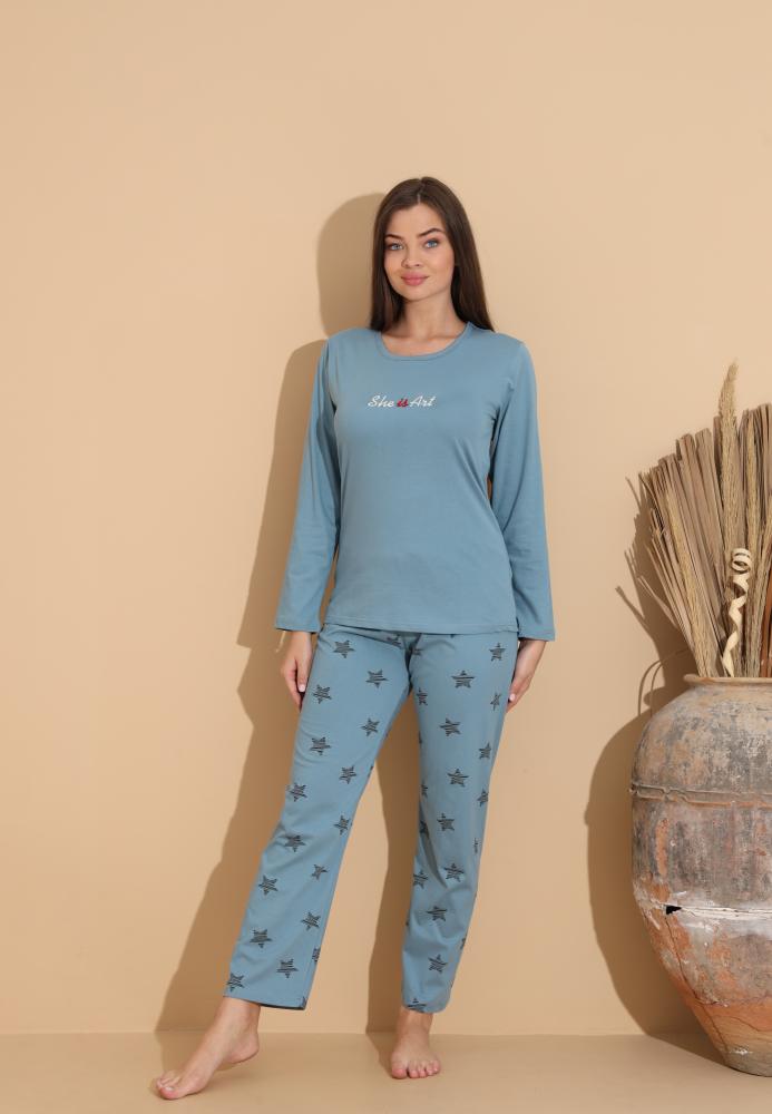 Pijama Dama „Cute” , Pantaloni si Maneca Lunga,Culoare Albstru,Engros